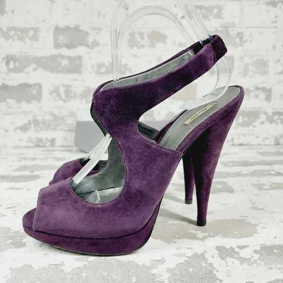 Miu Miu Purple Plum Suede Peep Roe Slingback Platform Sandals O82 - Picture 1 of 13